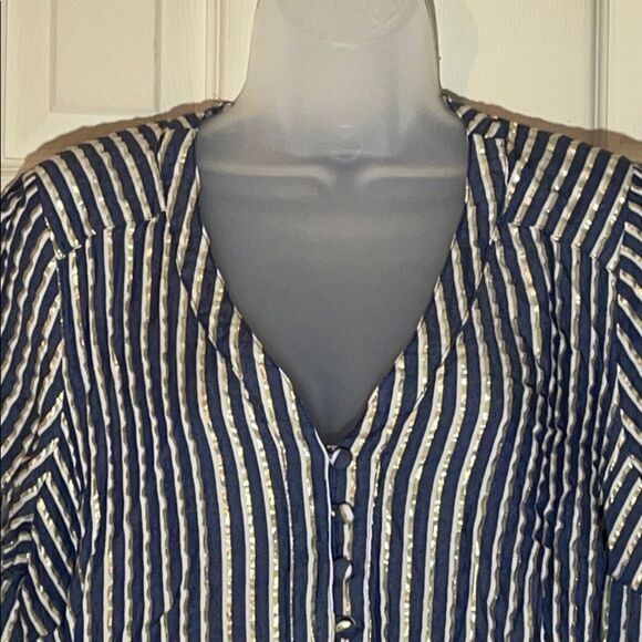 Torrid Blue and Sparkly Gold Lurex Striped Blouse 0/0X - Picture 4 of 15